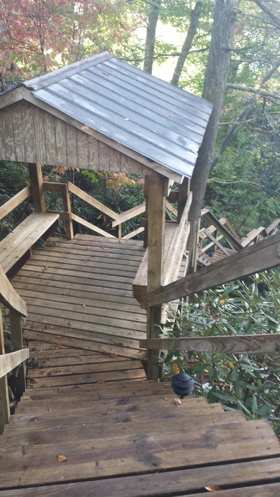 Metal roofed shelter over wooden steps on a wooded walkway — Skylight Repair & Installation work by our crew in Hinckley